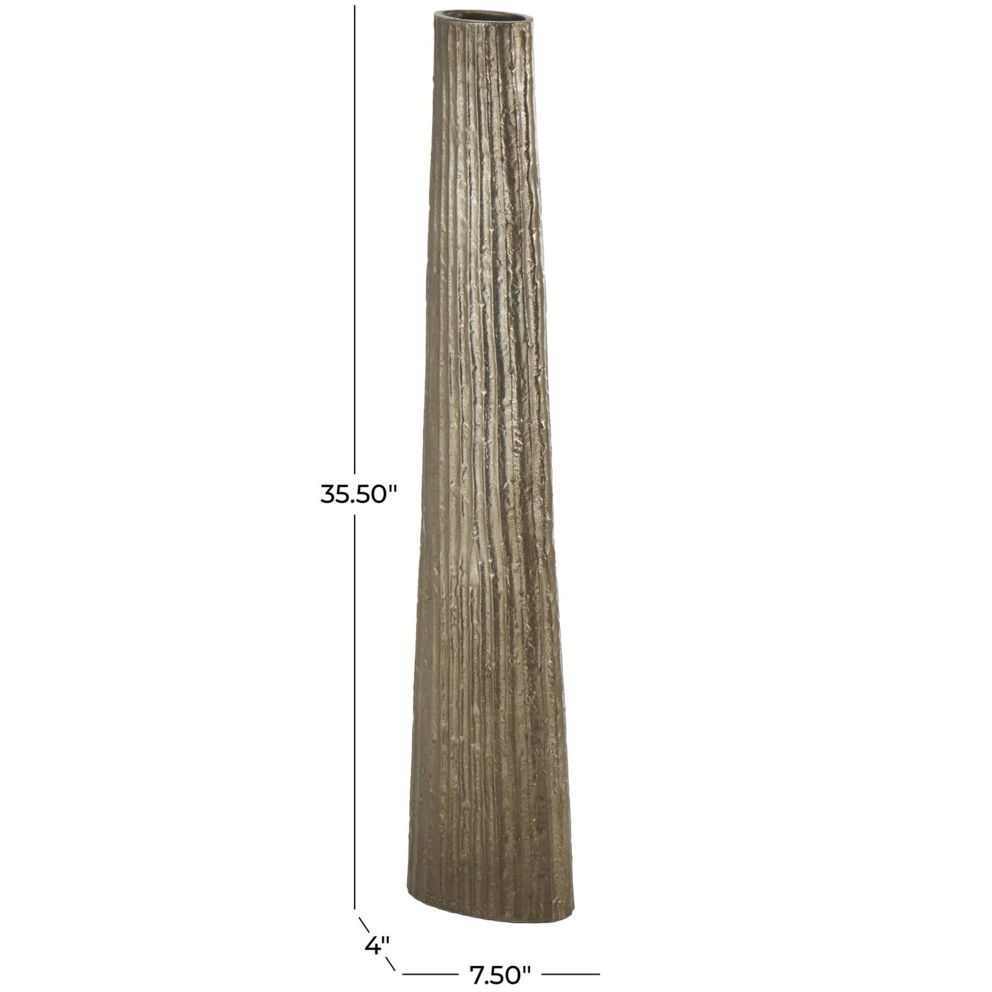 35.5" Brass Aluminum Metal Slim Flat Tall Floor Cone Vase with Textured Ridges